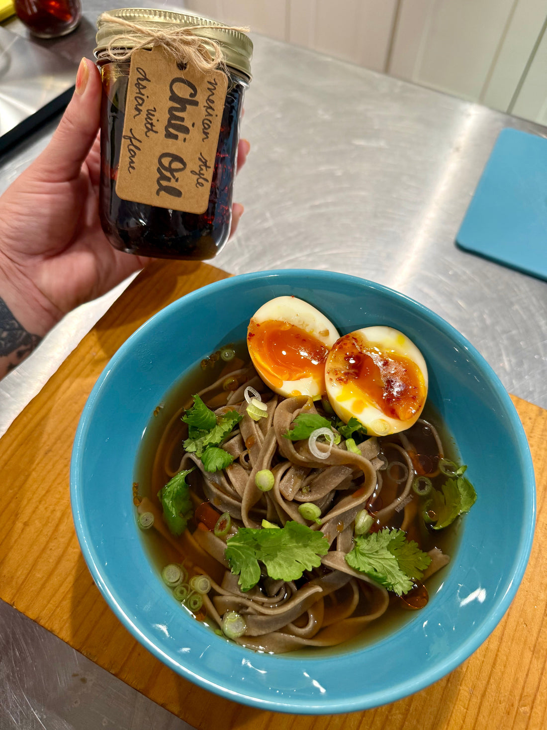 Black Garlic Tagliatelle in Pho Broth with Marinated Eggs