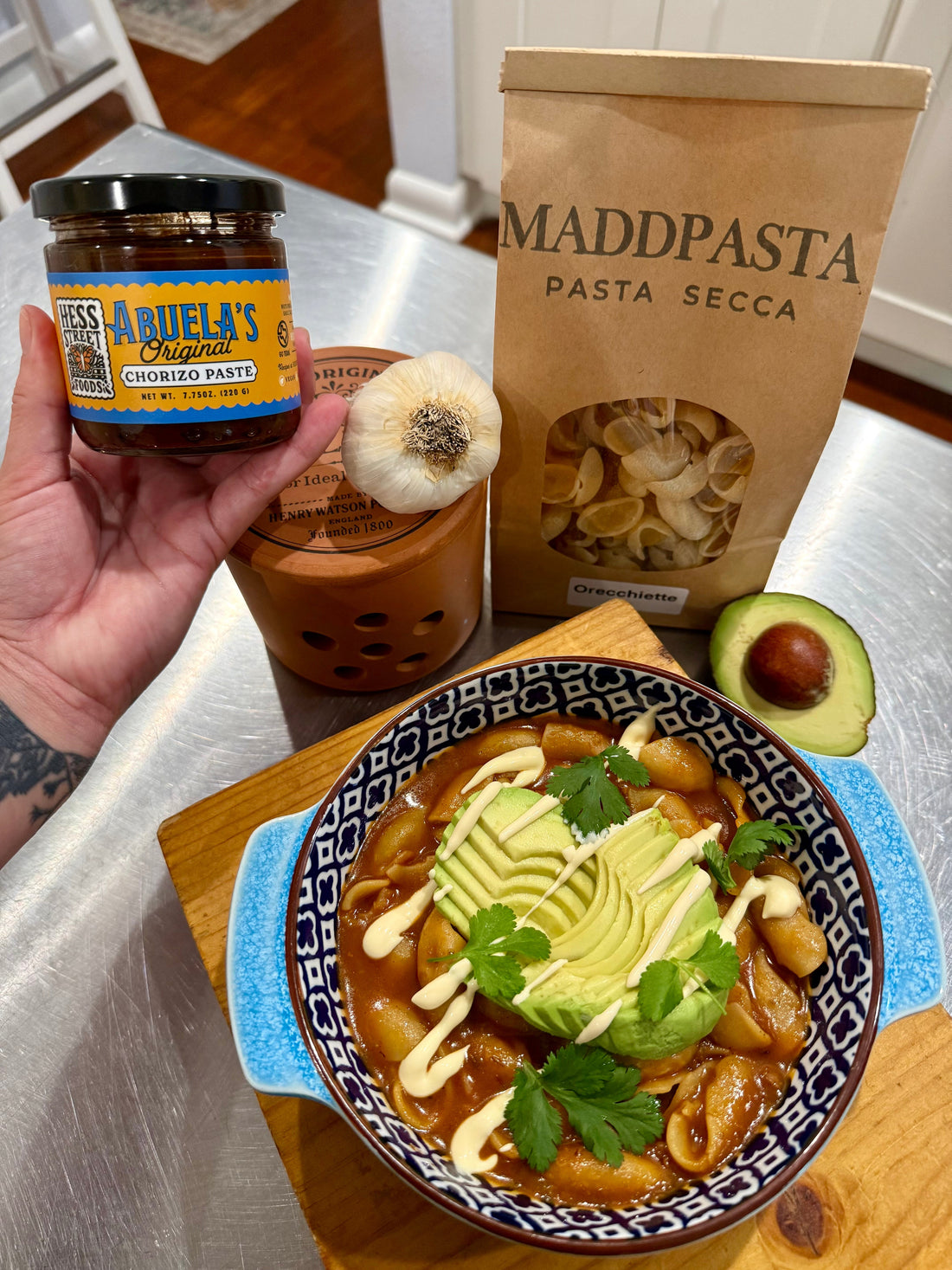 Orecchiette “Sopa de Coditos” seasoned with Hess Street Foods Abuela’s Original Chorizo Paste