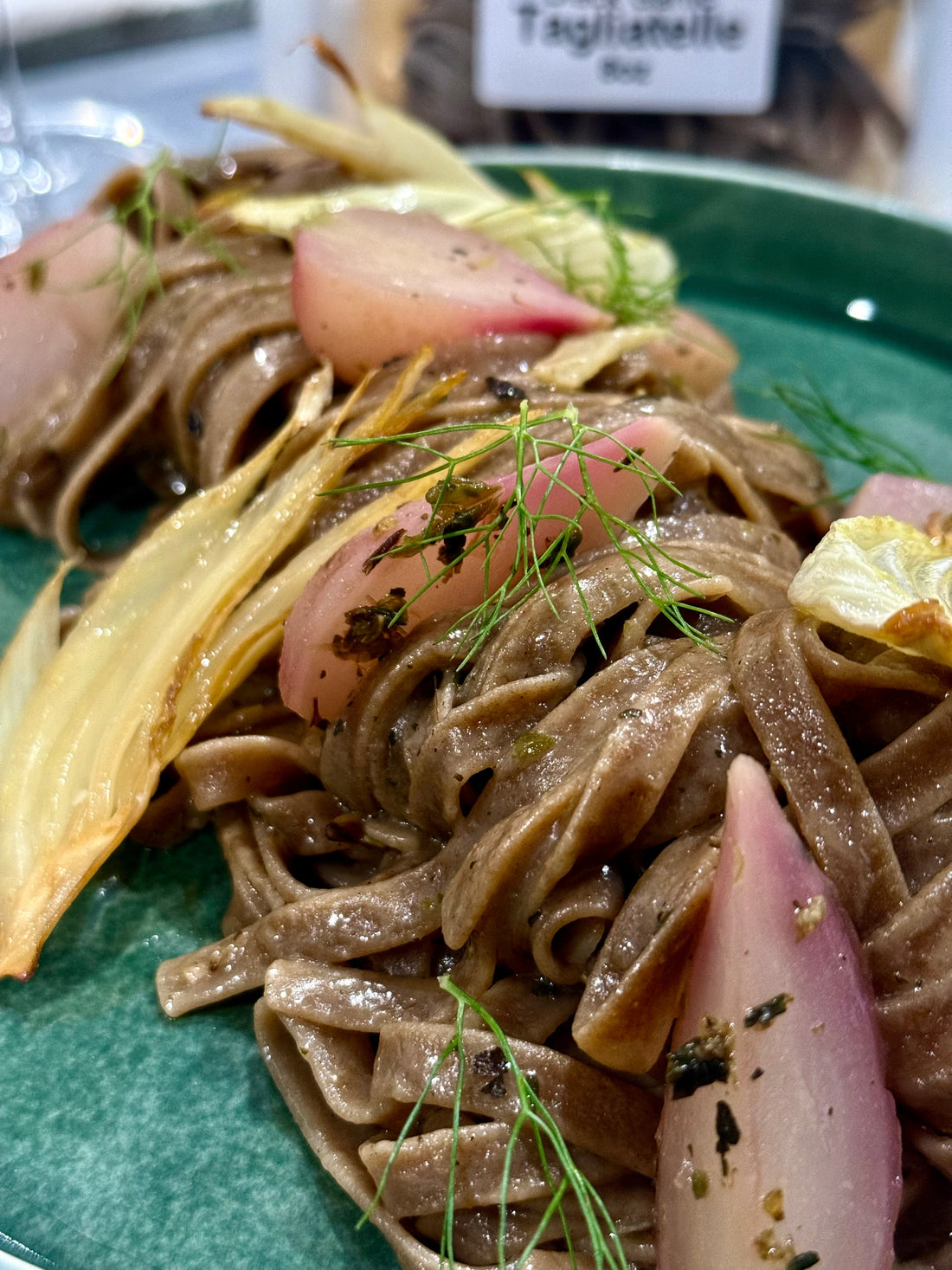 Black Garlic Tagliatelle w/Roasted Fennel & Butter Poached Radishes in an Herb Beurre Montè