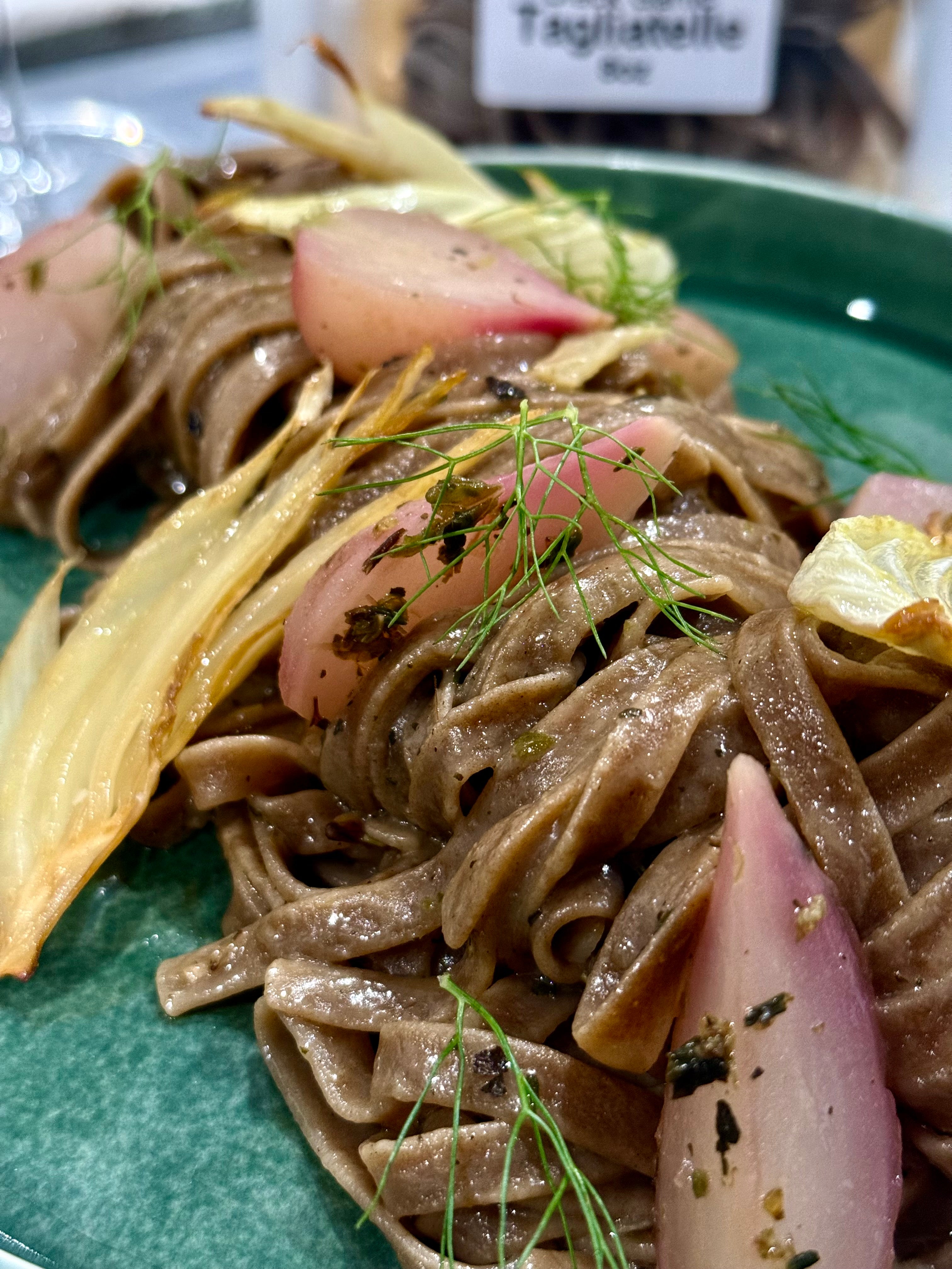 Black Garlic Tagliatelle w/Roasted Fennel & Butter Poached Radishes in an Herb Beurre Montè